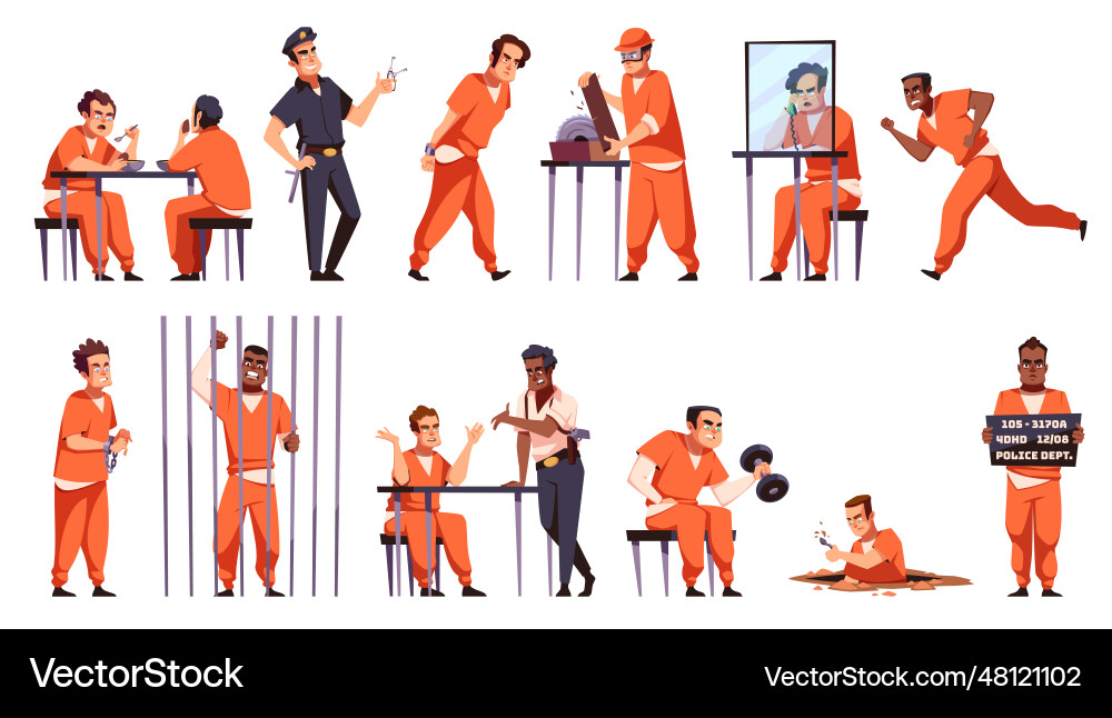 Prisoners characters guys in orange jumpsuits Vector Image