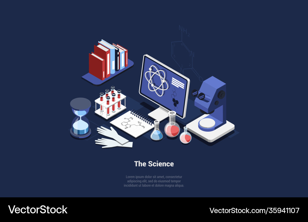 Isometric set of science related items on dark Vector Image