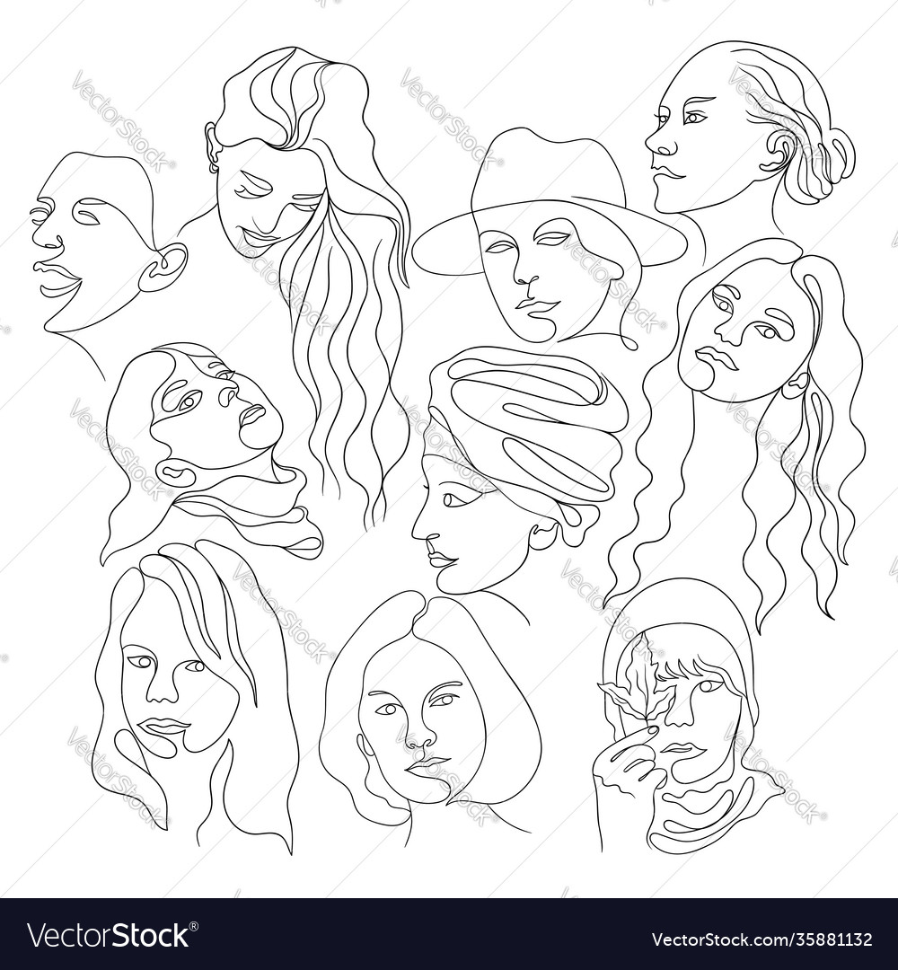 Set portraits in line art style isolated Vector Image