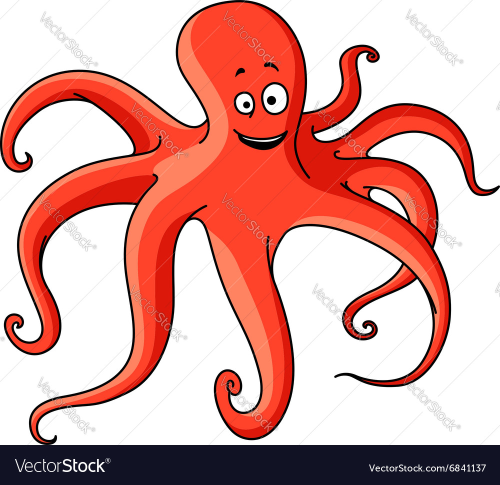 Cartoon red octopus with long tentacles Royalty Free Vector