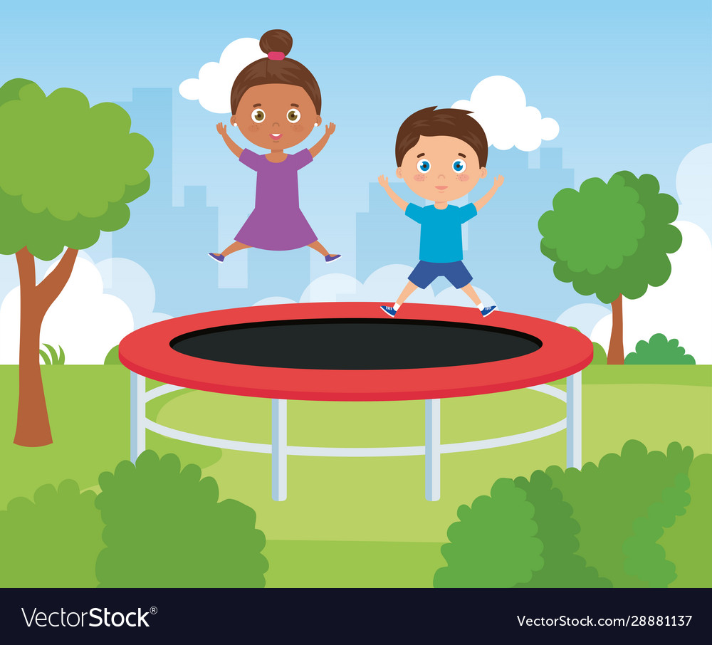 Cute kids in park playing trampoline Royalty Free Vector