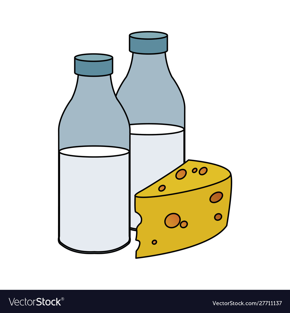 Milk bottles and cheese piece Royalty Free Vector Image