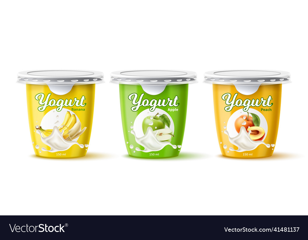 Realistic yogurt package design fruits milk Vector Image