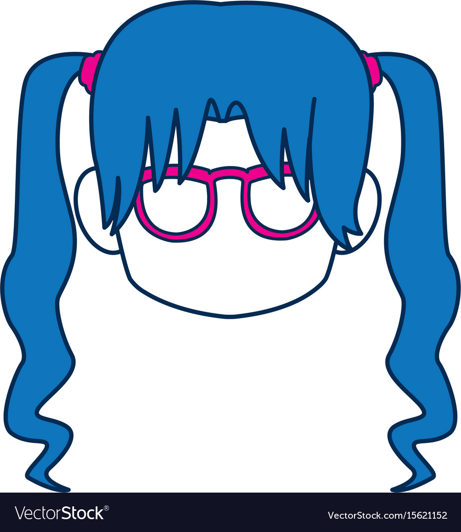 Chibi anime Mädchen Gesicht blaue Haarbrille