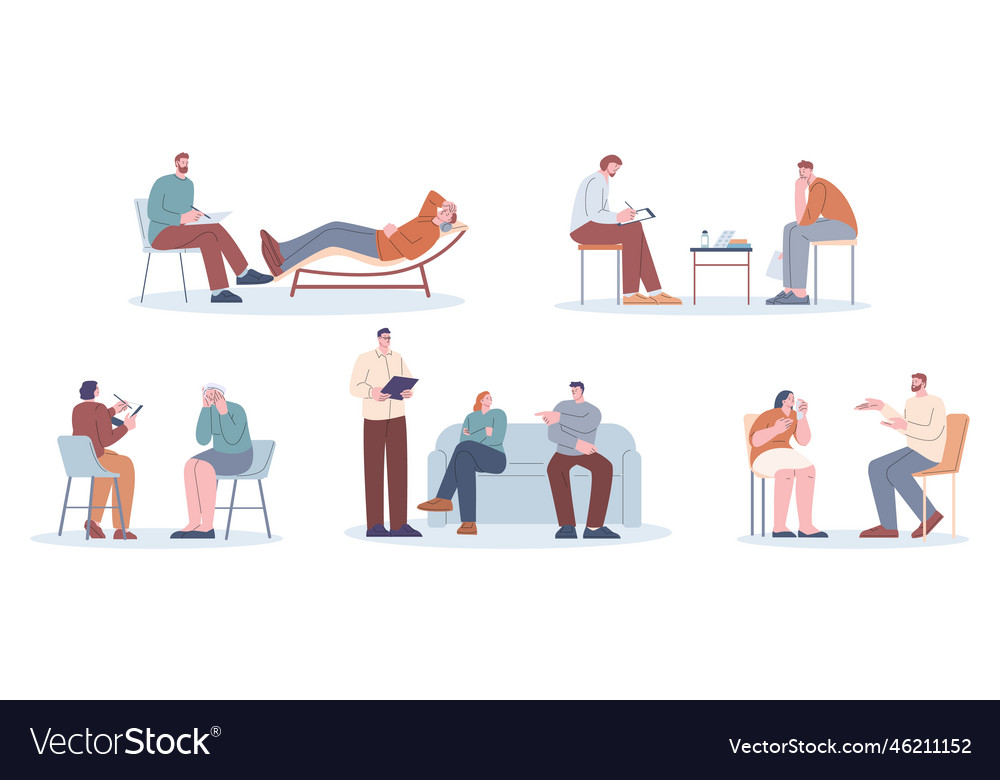 Psychotherapy scenes with psychologist Royalty Free Vector