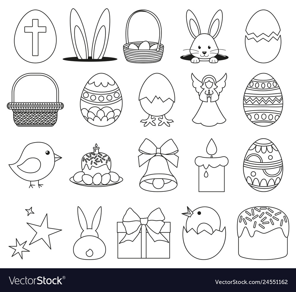 20 line art black and white easter elements set Vector Image