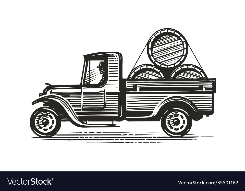 Retro farm truck with barrels wine or other vector image Retro farm truck with barrels wine or other