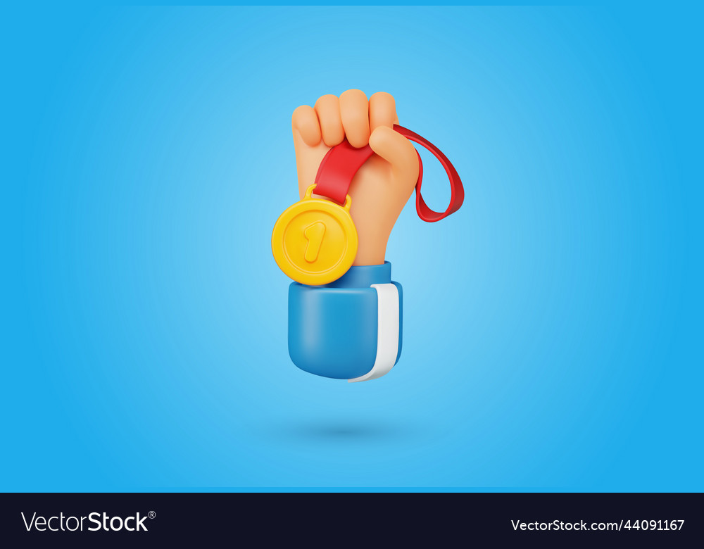 3d cartoon hand holding golden medal first place vector image