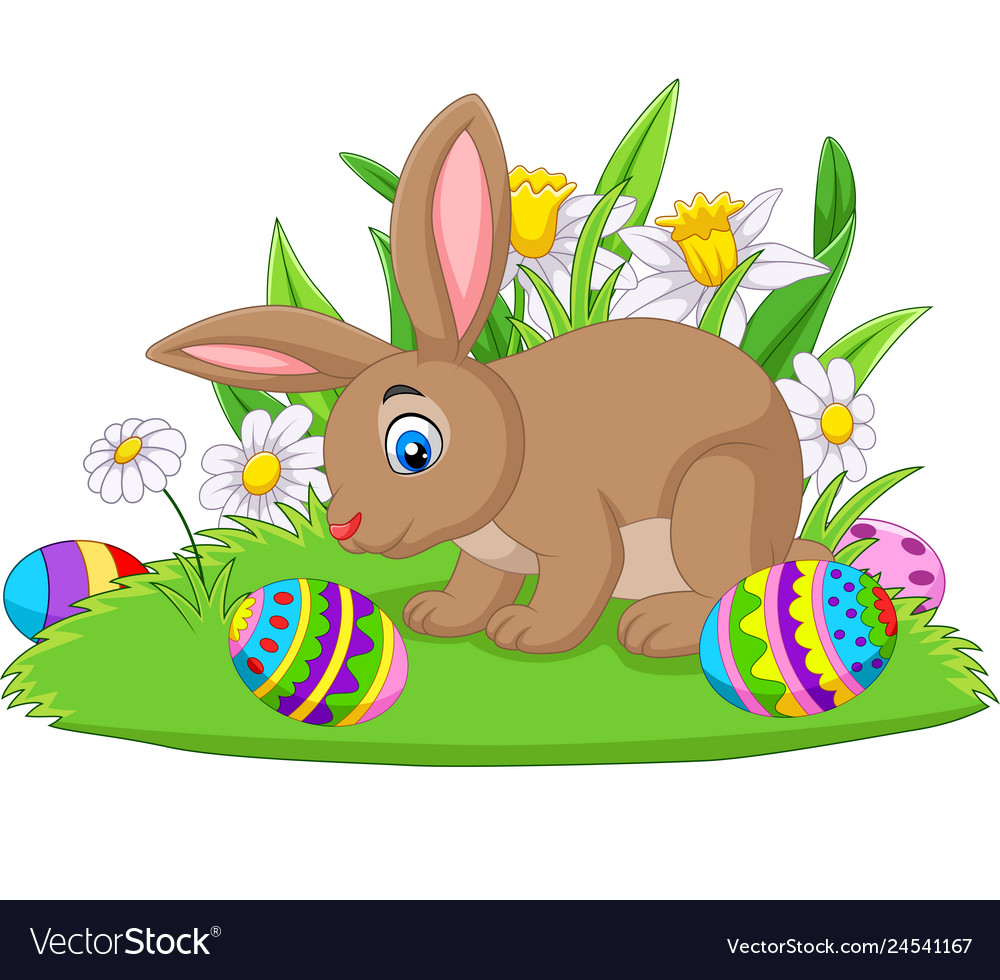 Cartoon bunny with easter egg on grass Royalty Free Vector