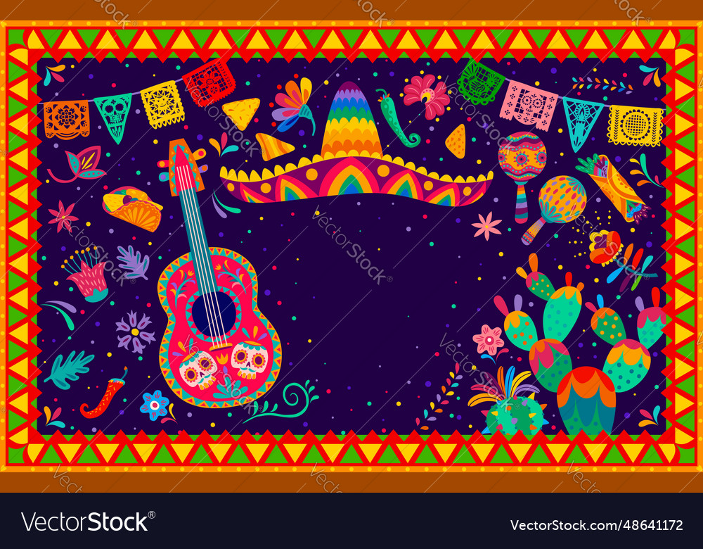 Mexican holiday banner or poster sombrero guitar Vector Image