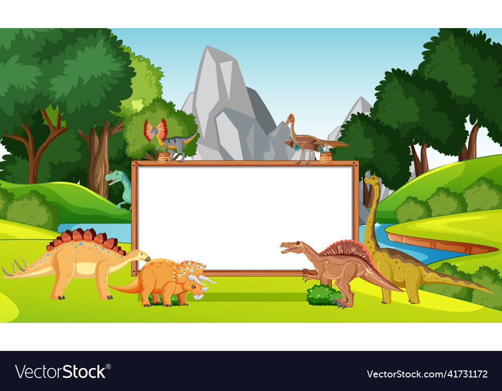 Scene with dinosaurs and whiteboard in the forest Vector Image