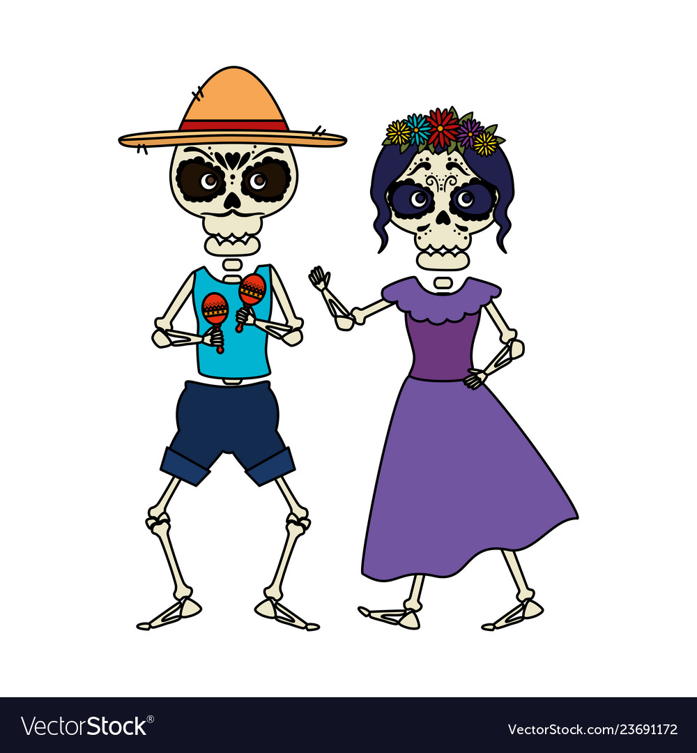 Skeleton of katrina and mariachi playing maracas Vector Image