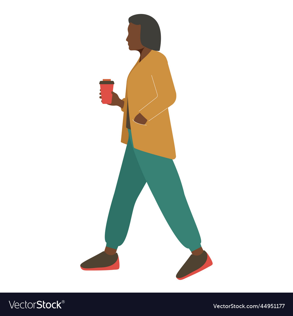 Black color woman walking holding coffee Vector Image