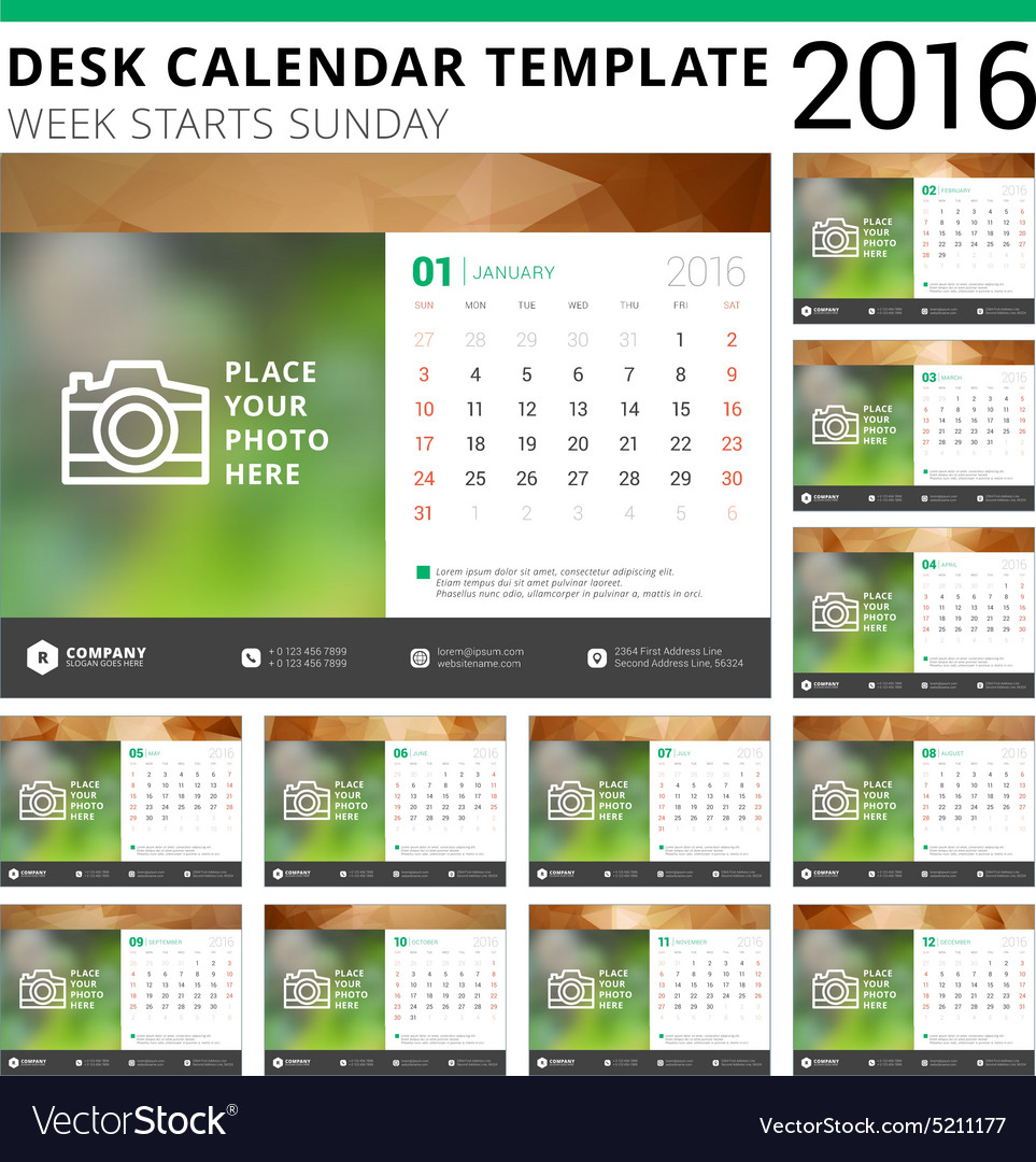 Desk calendar 2016 design template set of 12 Vector Image