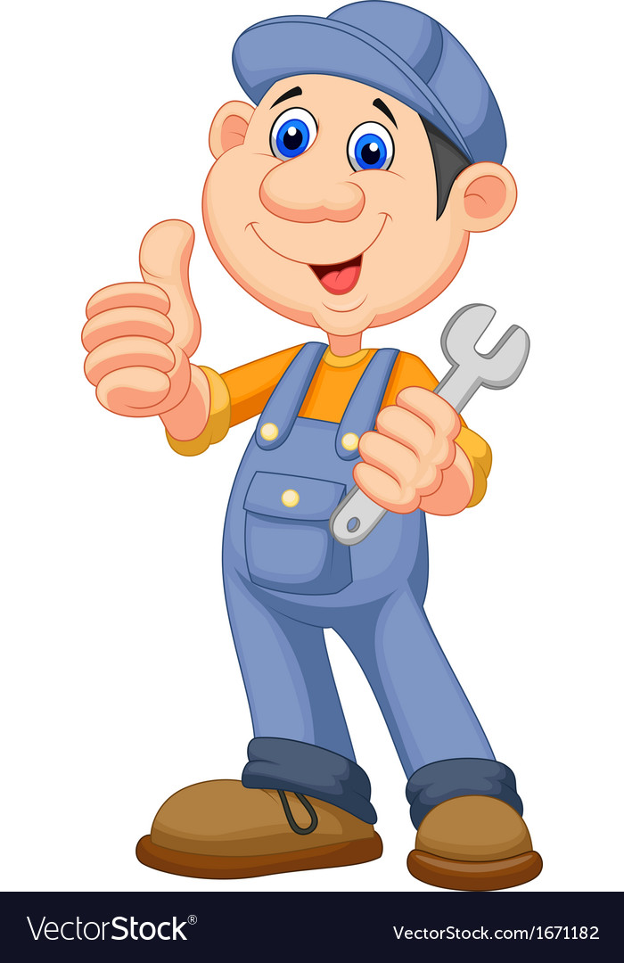 Cute mechanic cartoon holding wrench and giving th