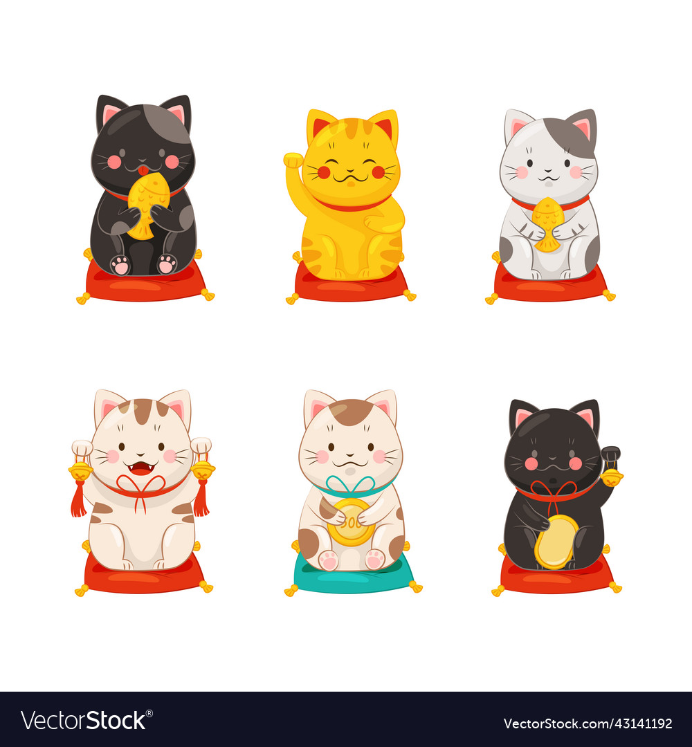 Maneki Neko Japanese Lucky Talisman Cats Set Vector Image 9447