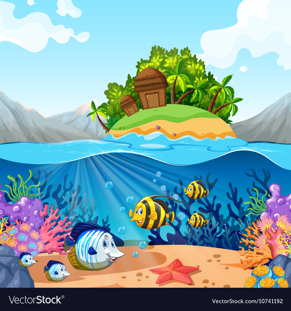 Ocean view with island and fish underwater Vector Image