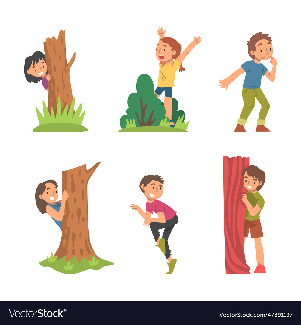 Kids Playing Hide And Seek Concealing Behind Tree And Bush Vector