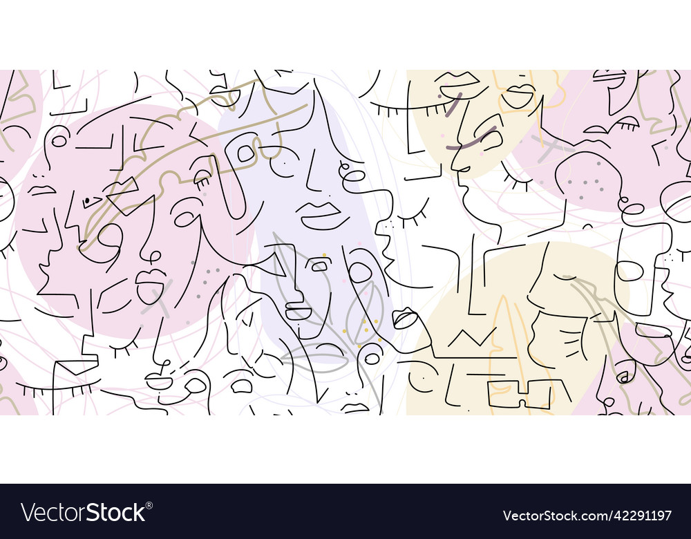 One Line Drawing Abstract Face Seamless Pattern Vector Image