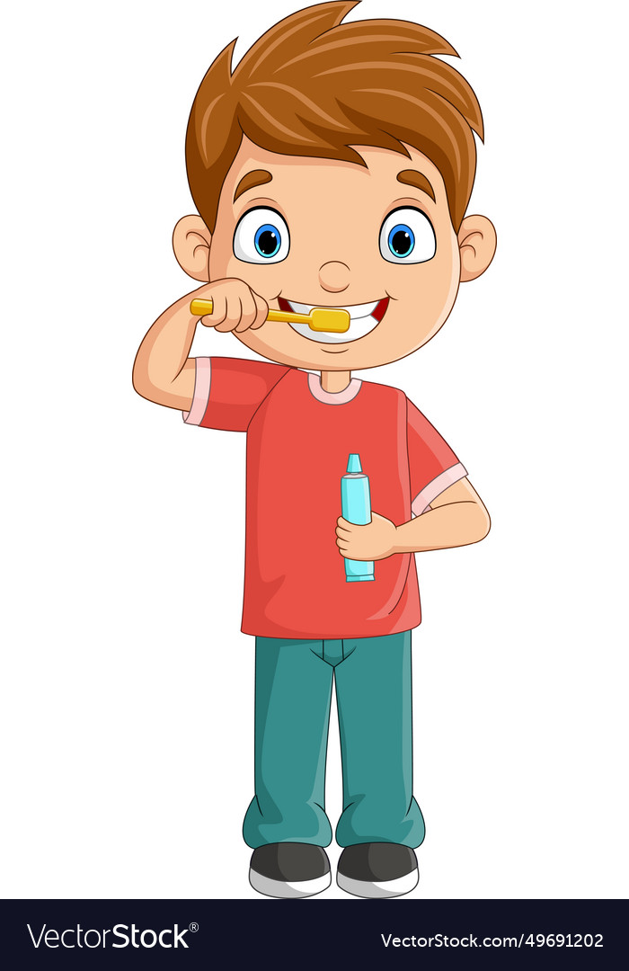 Cartoon little boy brushing teeth Royalty Free Vector Image