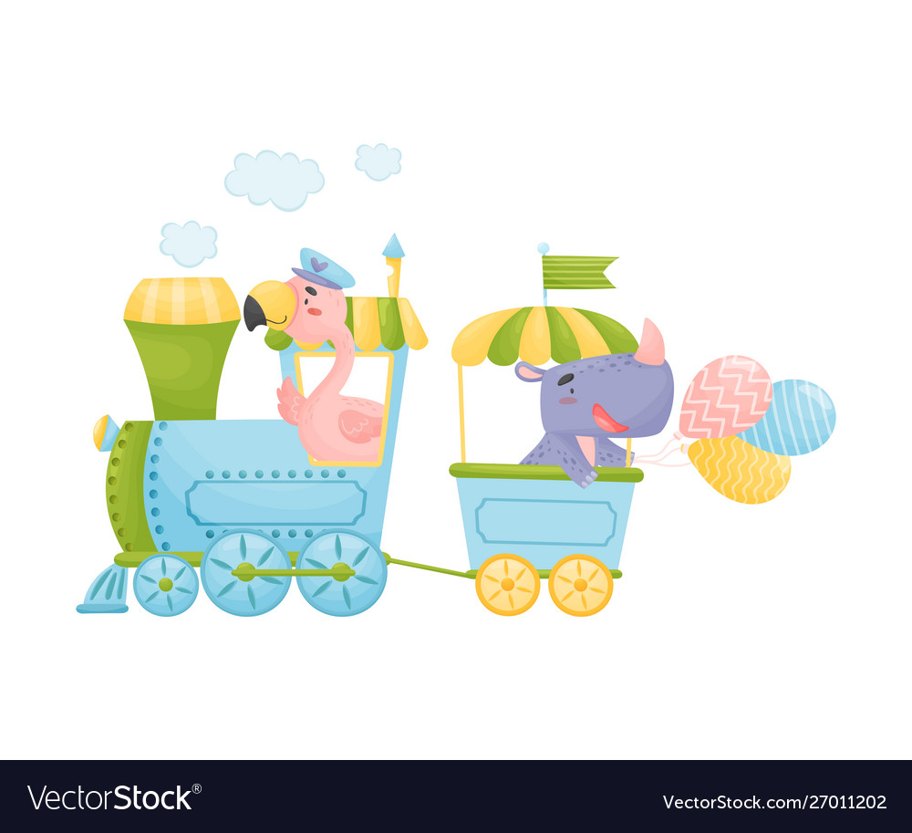 Flamingos and rhino ride a train Royalty Free Vector Image