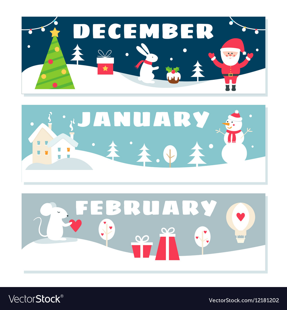 Winter Months Calendar Flashcards Set Nature Vector Image