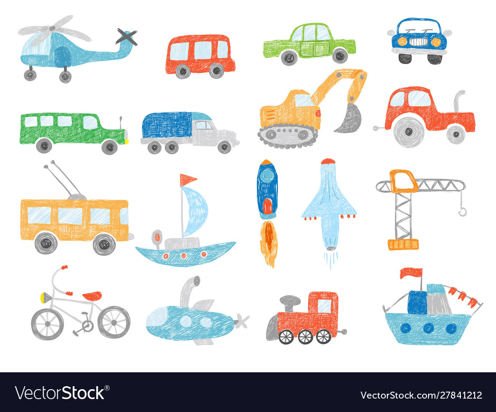 Transport Doodles Kids Drawing Technics Tractor Vector Image