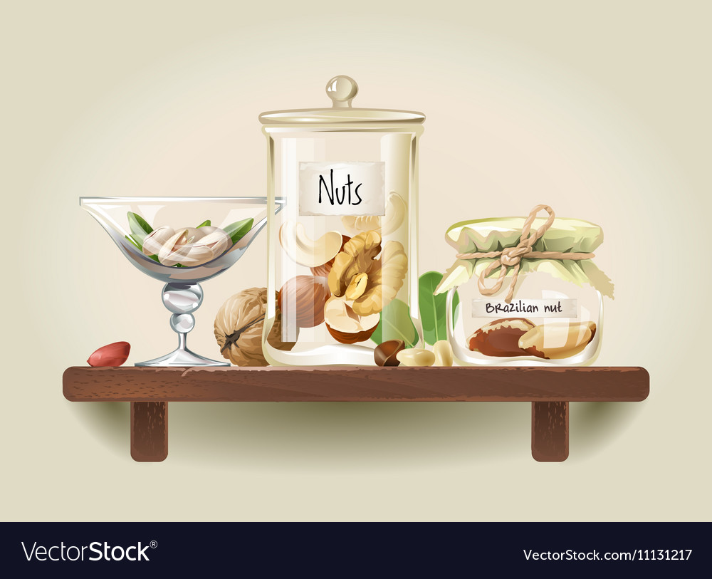 Nuts in glass jars on wooden shelf Royalty Free Vector Image