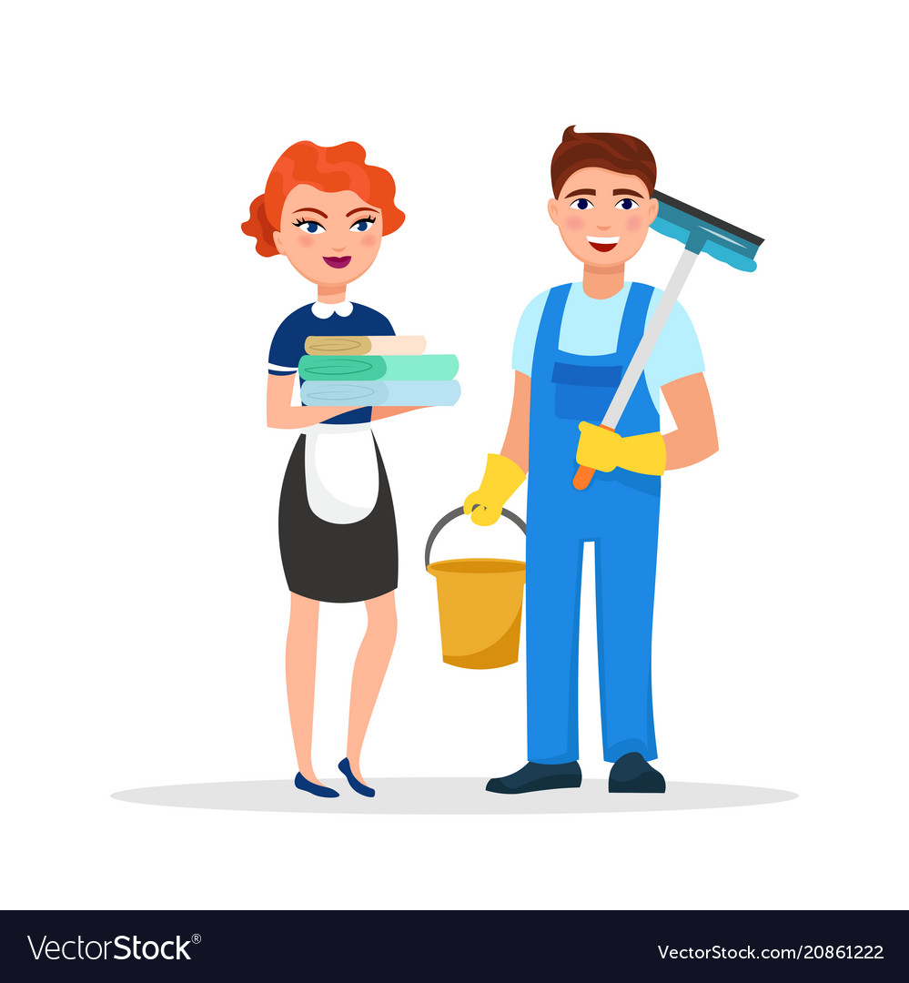 Cleaning service staff smiling cartoon characters Vector Image