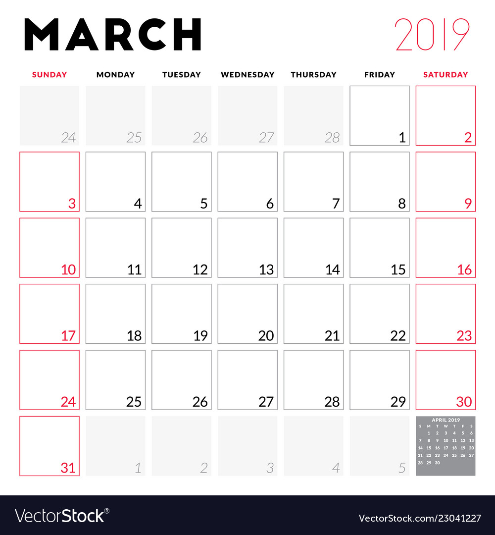 Calendar planner for march 2019 week starts on Vector Image