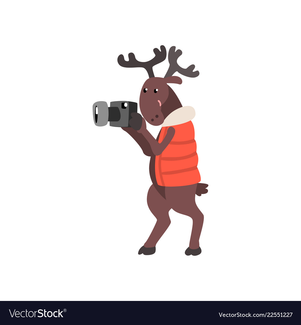 Deer in warm vest taking pictures with a camera Vector Image