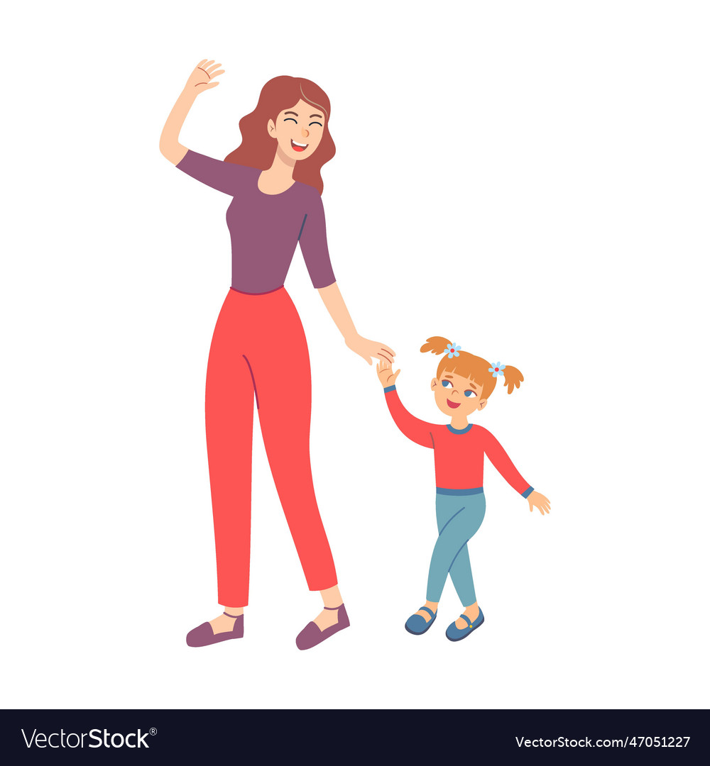 Happy mom and daughter walking together outdoor Vector Image