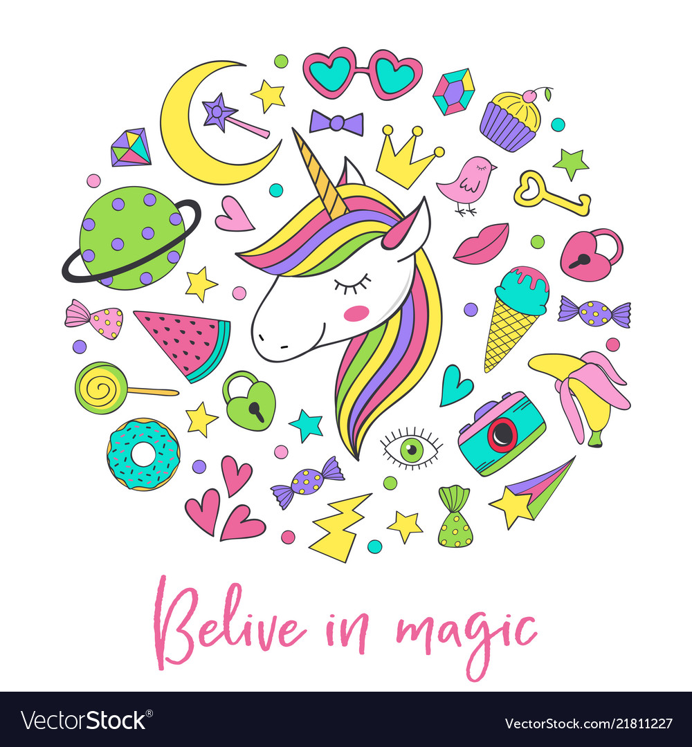 Magic unicorn and collection cute stickers Vector Image