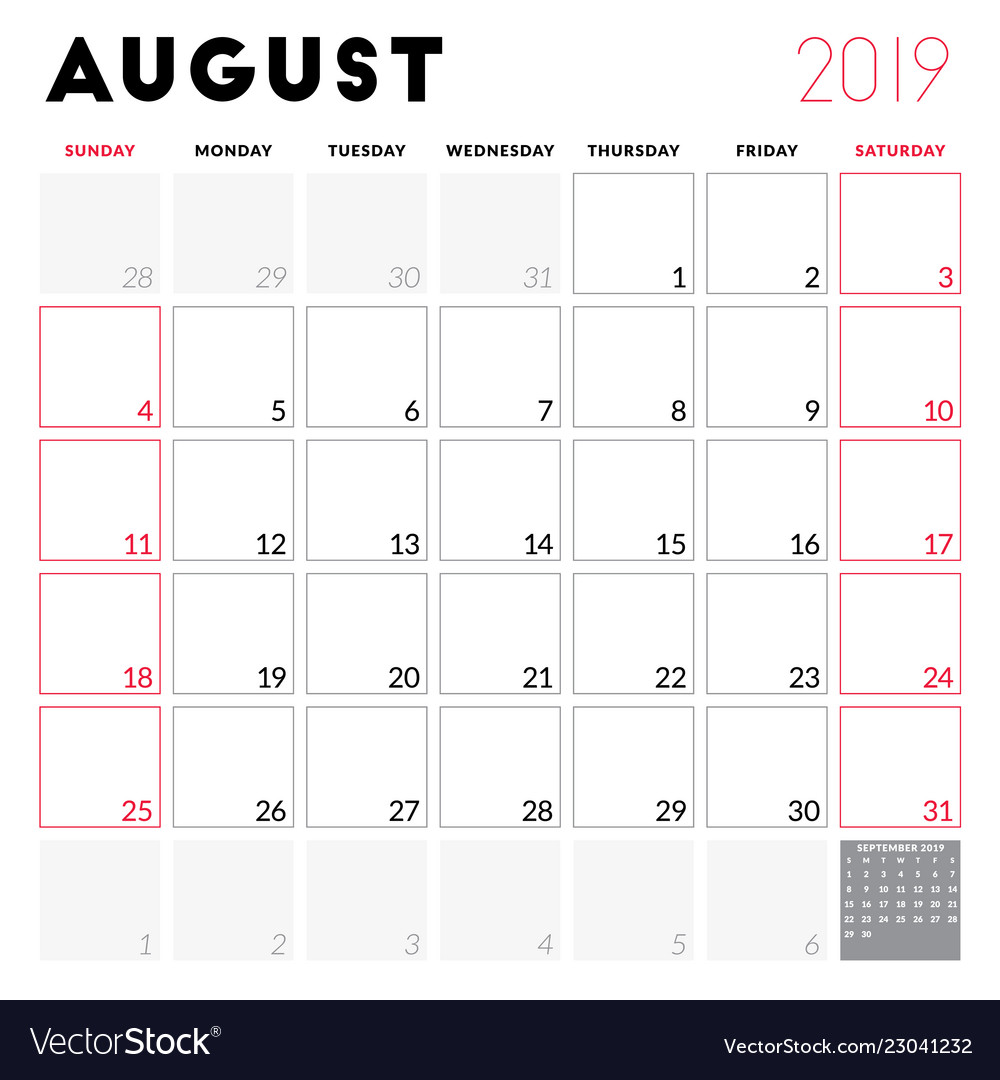 Calendar planner for august 2019 week starts on Vector Image