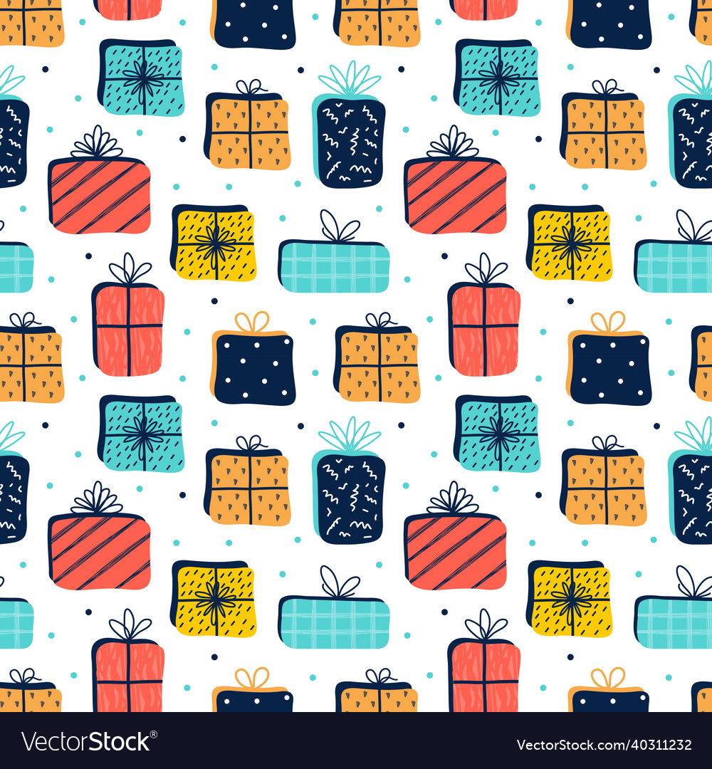 Seamless pattern of colored gift boxes with ribbon