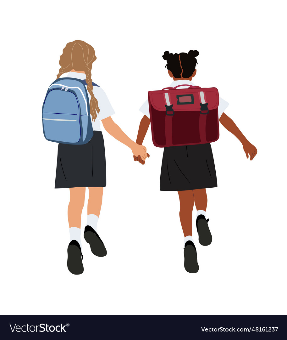 Two cute school girls going school isolated Vector Image