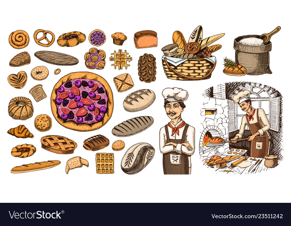 Set of bakery products pastry chef and bag Vector Image