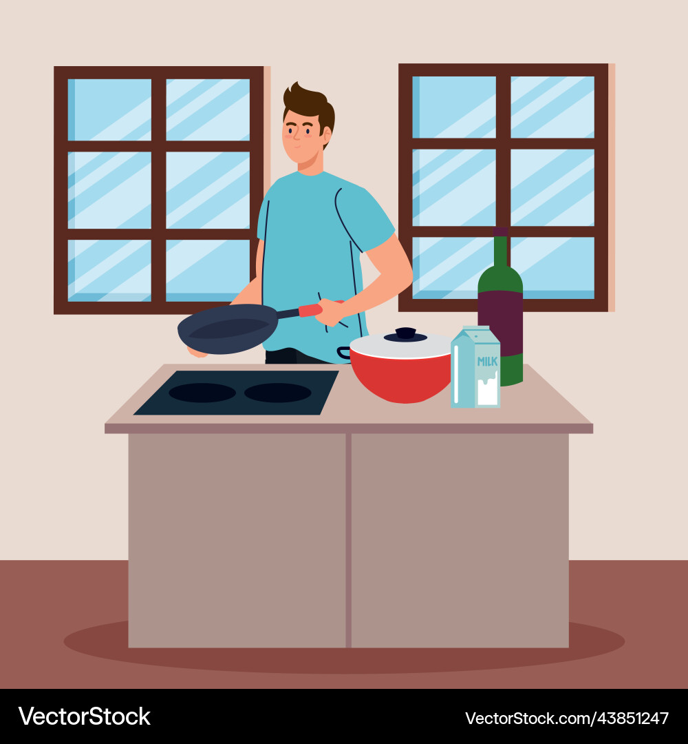 Man cooking with pan Royalty Free Vector Image