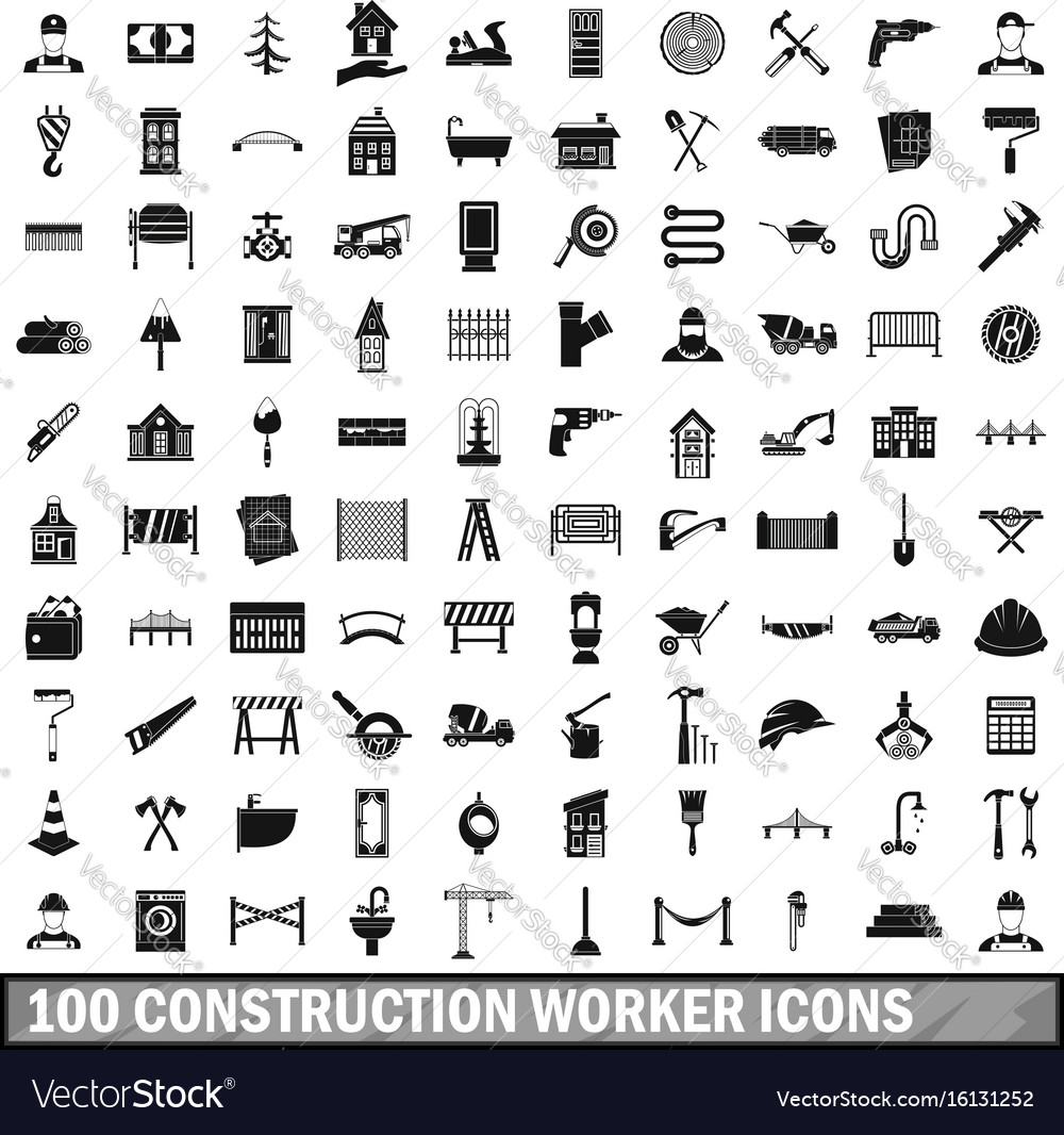 100 construction worker icons set simple style Vector Image