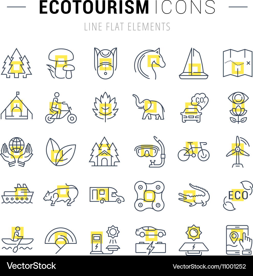 Set flat line icons ecotourism Royalty Free Vector Image