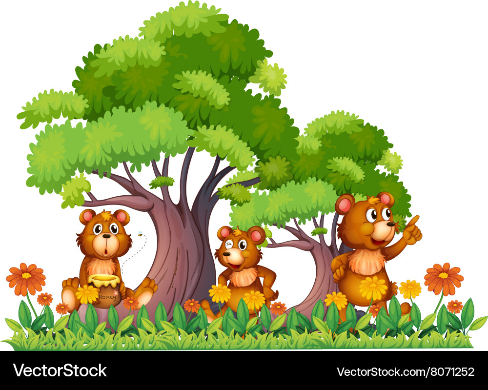 Three little bears in the garden Royalty Free Vector Image