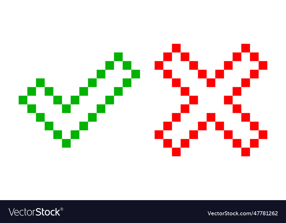 Pixel art check mark and cross tick Royalty Free Vector