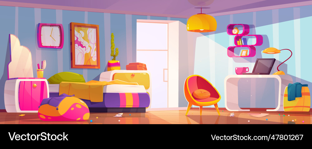 Messy bedroom with untidy bed chaos and clutter Vector Image