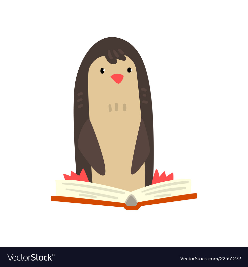 Cute penguin bird cartoon character reading a book