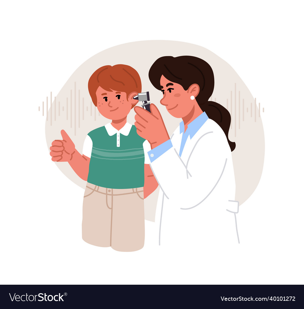 Female Audiologist Doctor Checks Boy Ears Vector Image