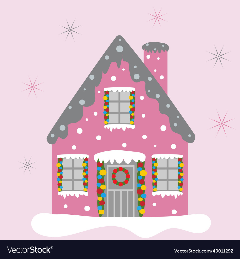 Cute gingerbread pink house with red windows Vector Image