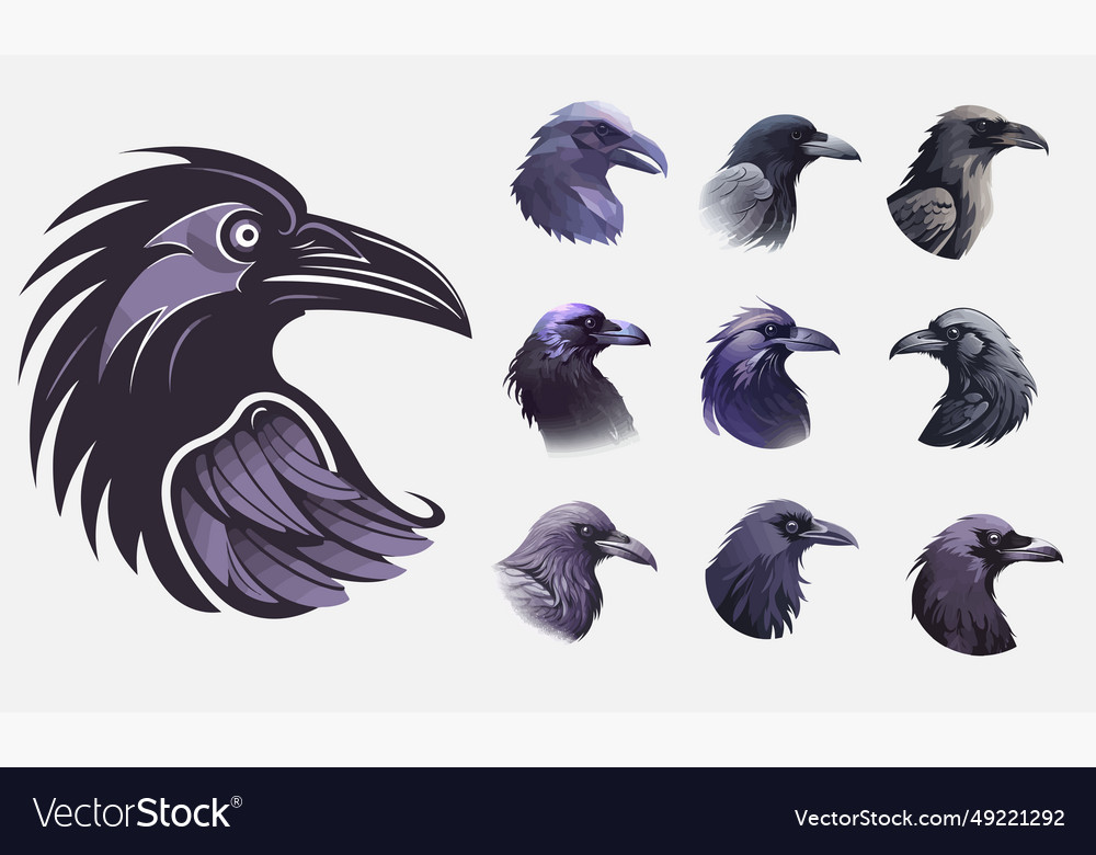 Raven collection black and bue crow raven Vector Image