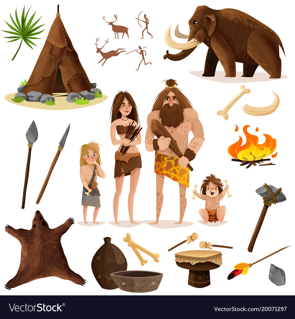 Cavemen Decorative Icons Set Royalty Free Vector Image