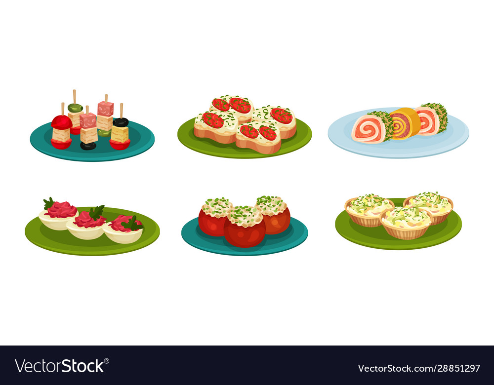 Light snacks and bites served on plates side view Vector Image