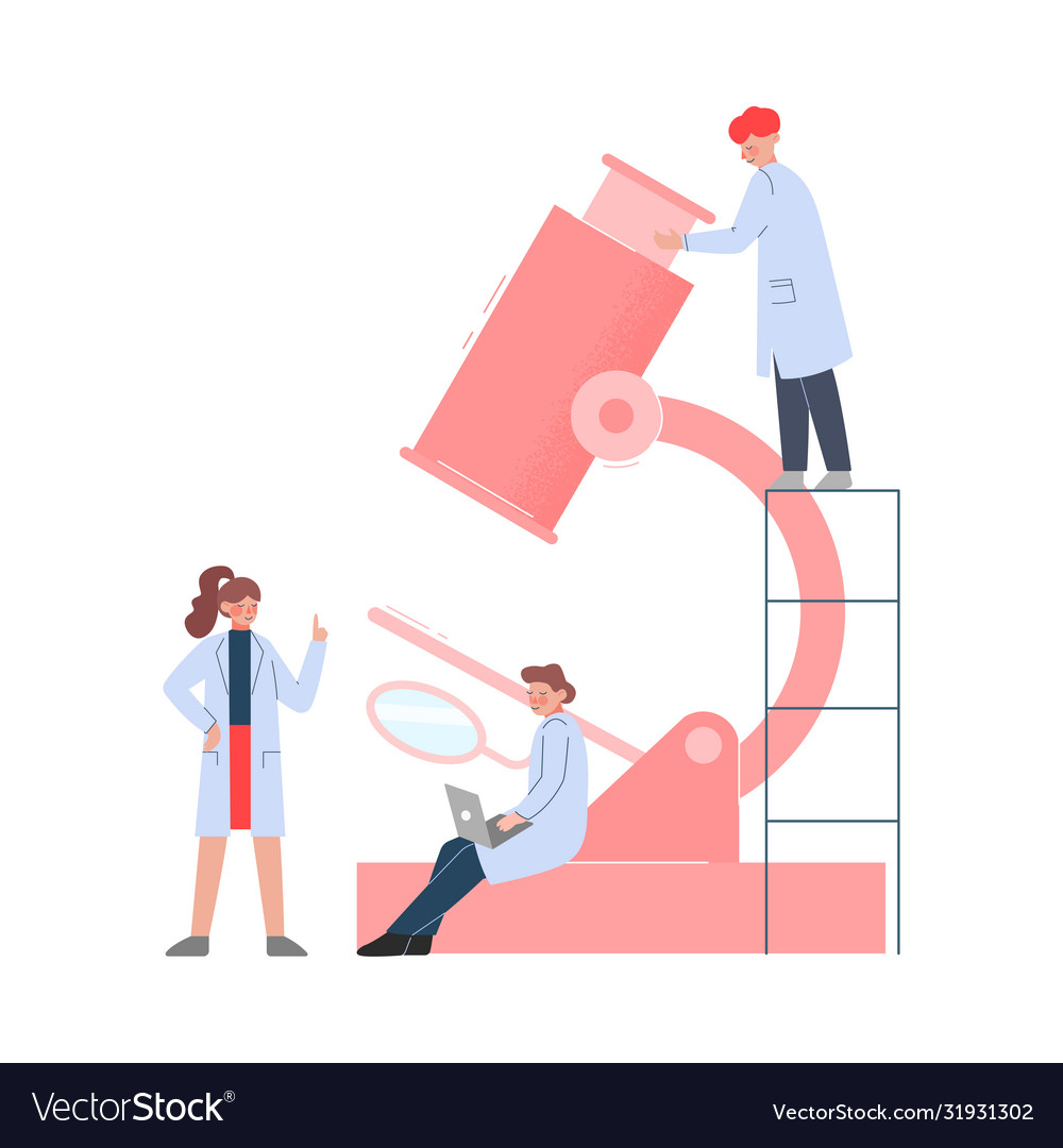 Group scientists in lab tiny people in white Vector Image